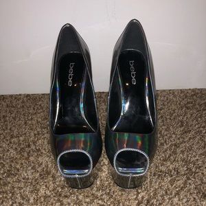 Bebe Iridescent Silver Peep-toe Pumps Platforms